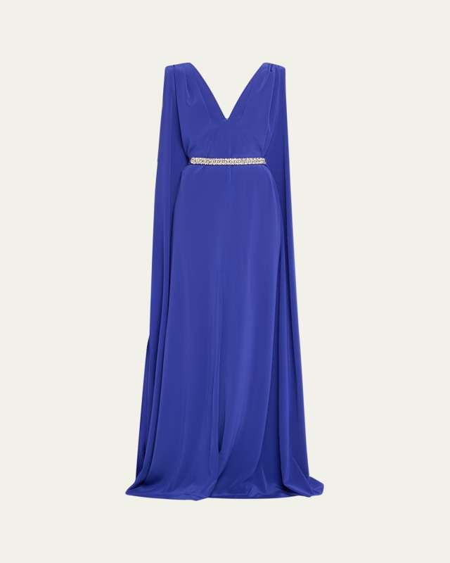 Deep V Crepe Gown With Crystal Belt